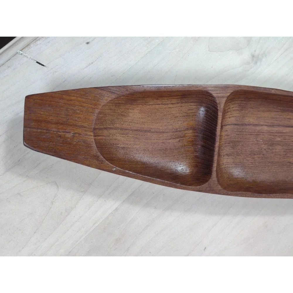 Vtg Hand Carved Wood Serving Dish Food Tray Catch All Trinket 3 Section 18